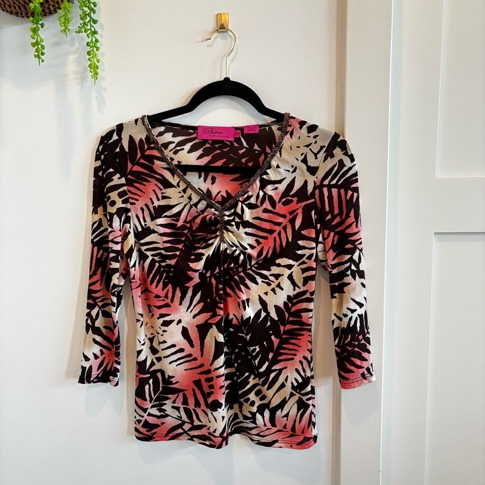 Diva by Dana Buchman Women's Beaded V-neck Pink Chocolate Brown Palm Print Small